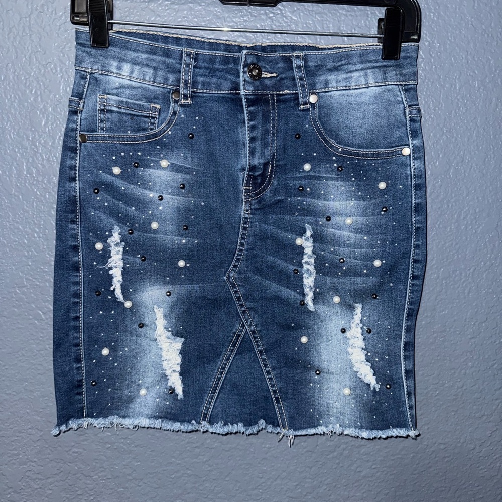 Pearl & Stud Embellished Dark Blue Denim Mini Skirt